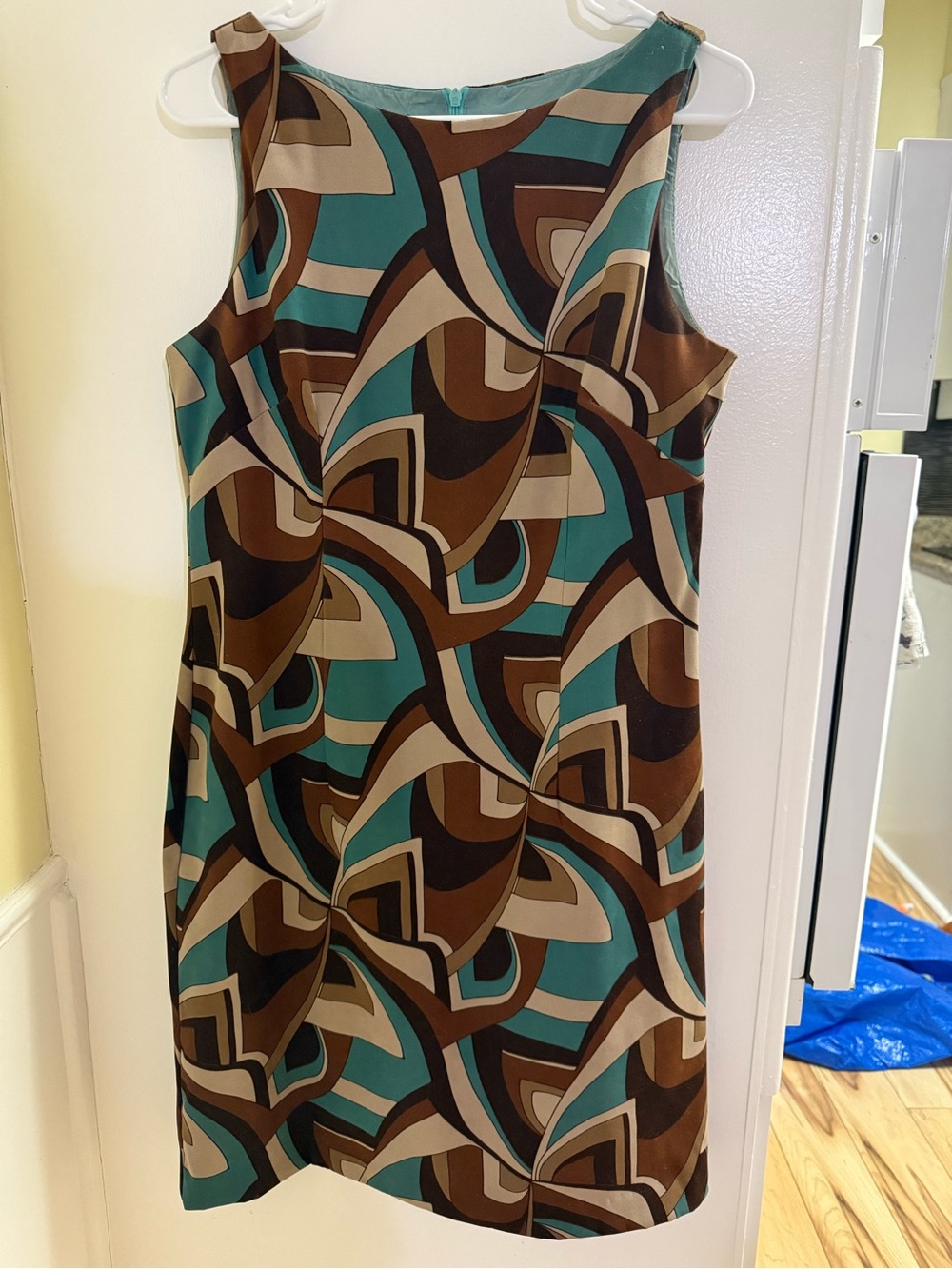 Jessica Howard Teal and Brown Retro Geometric Sleeveless Shift Dress